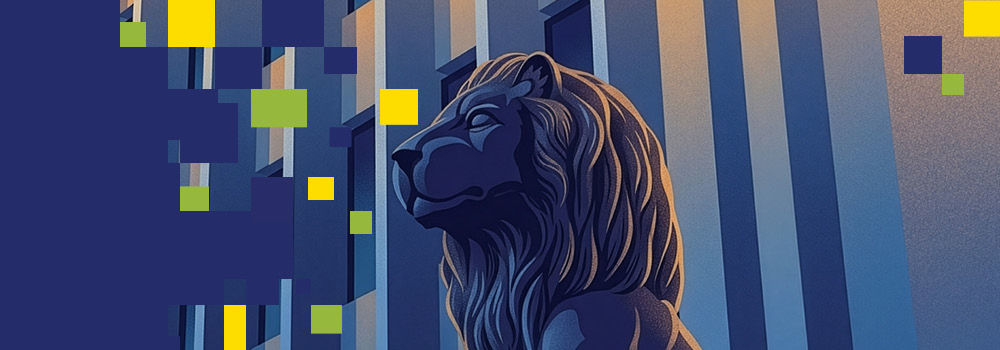 The banner image includes an illustration of a statue of a lion in front of a building. Yellow, green, and blue pixelated squares float around, adding a digital or abstract effect.